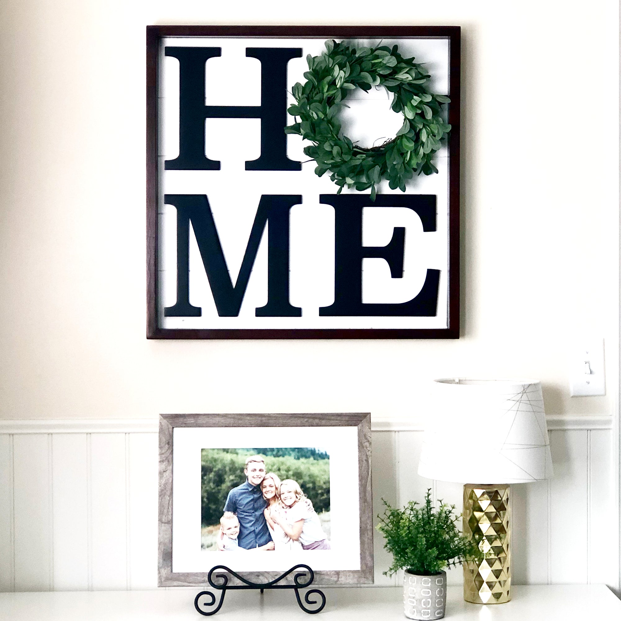 Home Sign With Interchangeable Boxwood Wreath