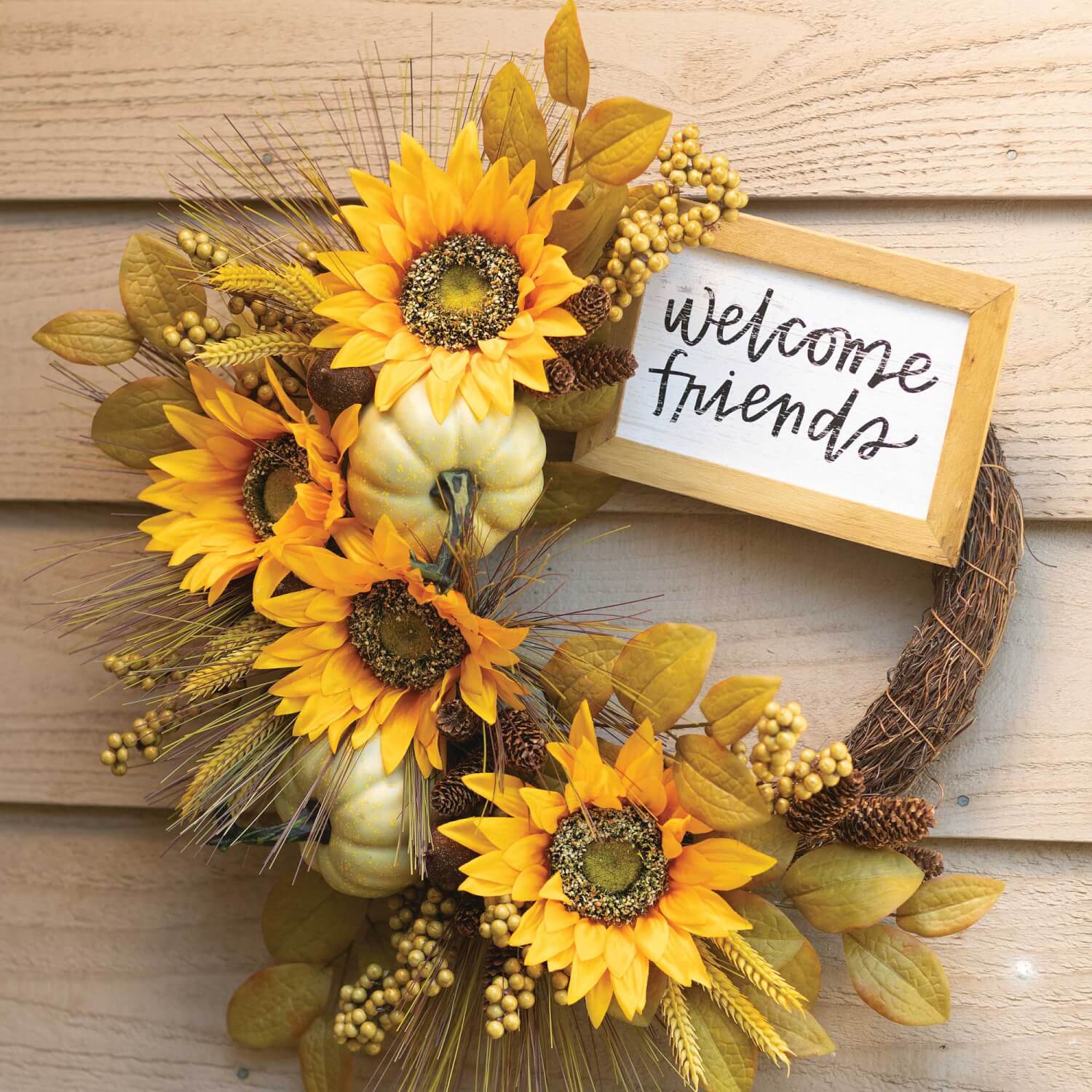 Sunflower Wreath with Artificial Pumpkins - 24" Autumn Fall Wreath