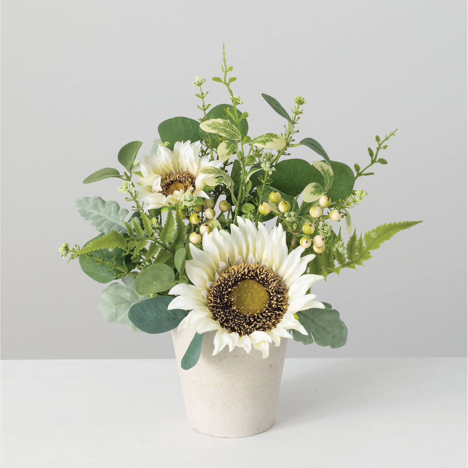 Artificial Potted White Sunflower, Eucalyptus and Berry
